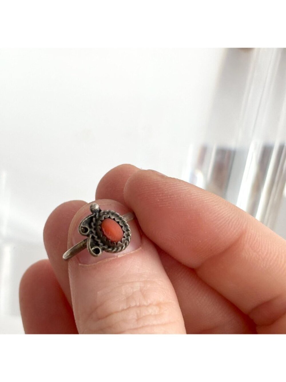 Coral Accented Navajo Inspired Southwest Sterling Silver 925 Vintage Ring - sz 5 - Picture 11 of 15